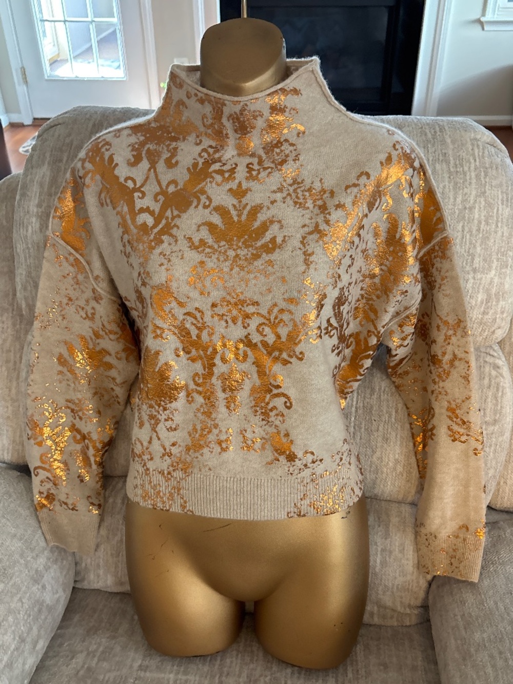 NWOT Pilcro Mock Neck Cashmere Sweater Metallic Copprt/Gold Foil Print XXS